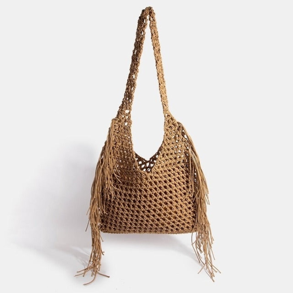 Long Fringe Braided Shopper Tote Bag